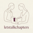 Minimalist line-art logo for 'letstalkchapters' showing two abstract human figures interacting with an open book, cream and neutral tones with a pop of deep purple, elegant modern typography.
